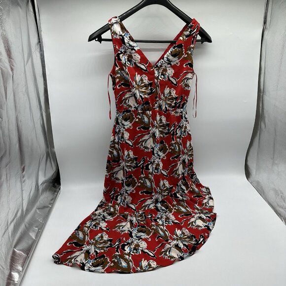 Sam Edelman Women's Size 4 Red Floral Print Asymmetrical Ruffle Midi Dress NWT - Picture 2 of 11